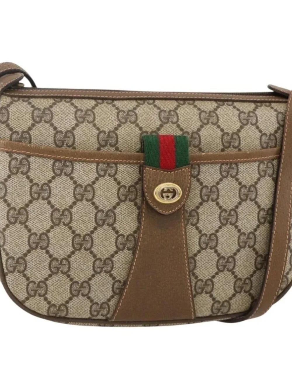 GUCCI GG Supreme Web Sherry Line Shoulder Bag PVC Beige Gold Auth 175956